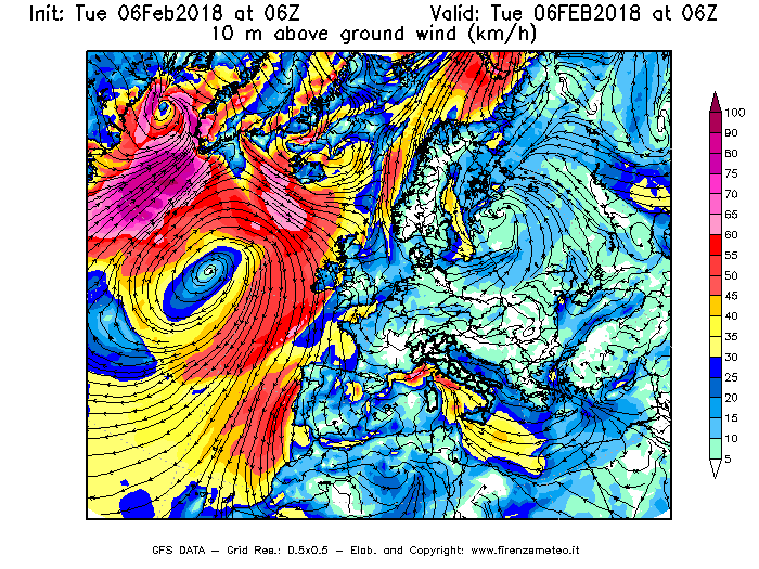 Mappa di analisi GFS - Velocità del vento a 10 metri dal suolo [km/h] in Europa
									del 06/02/2018 06 <!--googleoff: index-->UTC<!--googleon: index-->