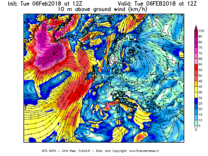 Mappa di analisi GFS - Velocità del vento a 10 metri dal suolo [km/h] in Europa
							del 06/02/2018 12 <!--googleoff: index-->UTC<!--googleon: index-->