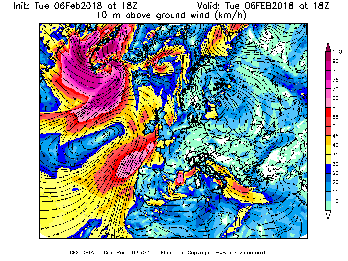 Mappa di analisi GFS - Velocità del vento a 10 metri dal suolo [km/h] in Europa
							del 06/02/2018 18 <!--googleoff: index-->UTC<!--googleon: index-->