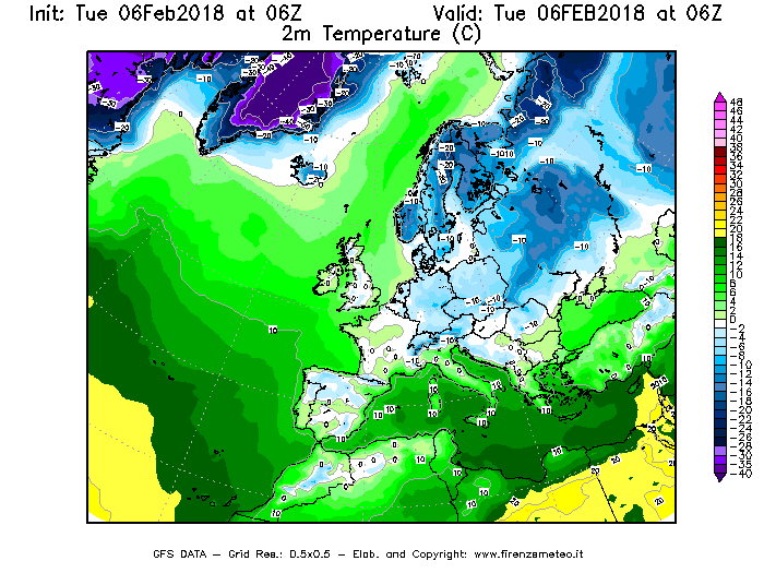 Mappa di analisi GFS - Temperatura a 2 metri dal suolo [°C] in Europa
									del 06/02/2018 06 <!--googleoff: index-->UTC<!--googleon: index-->