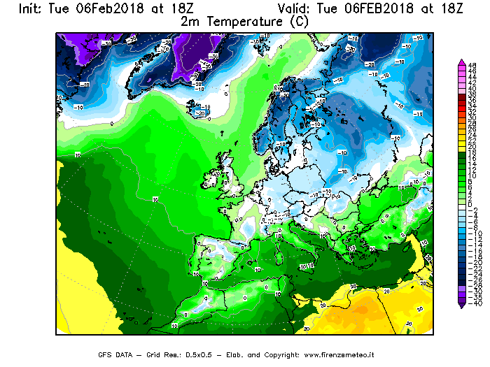 Mappa di analisi GFS - Temperatura a 2 metri dal suolo [°C] in Europa
							del 06/02/2018 18 <!--googleoff: index-->UTC<!--googleon: index-->