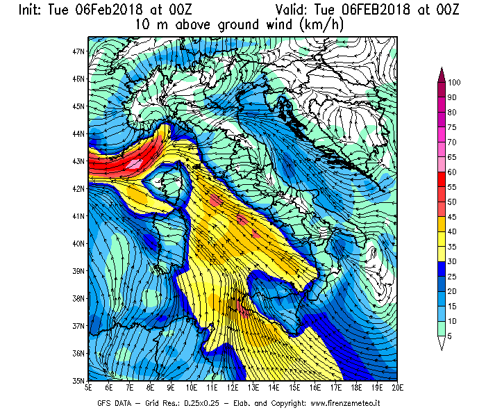 Mappa di analisi GFS - Velocità del vento a 10 metri dal suolo [km/h] in Italia
									del 06/02/2018 00 <!--googleoff: index-->UTC<!--googleon: index-->
