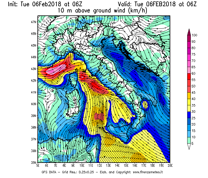Mappa di analisi GFS - Velocità del vento a 10 metri dal suolo [km/h] in Italia
							del 06/02/2018 06 <!--googleoff: index-->UTC<!--googleon: index-->
