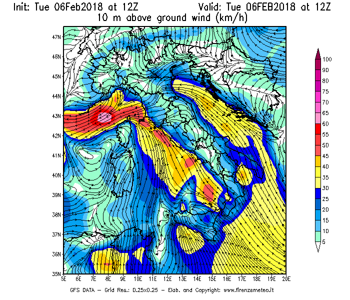 Mappa di analisi GFS - Velocità del vento a 10 metri dal suolo [km/h] in Italia
									del 06/02/2018 12 <!--googleoff: index-->UTC<!--googleon: index-->