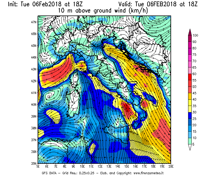 Mappa di analisi GFS - Velocità del vento a 10 metri dal suolo [km/h] in Italia
							del 06/02/2018 18 <!--googleoff: index-->UTC<!--googleon: index-->