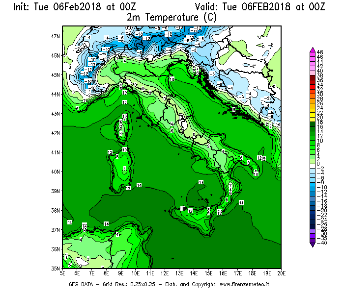 Mappa di analisi GFS - Temperatura a 2 metri dal suolo [°C] in Italia
							del 06/02/2018 00 <!--googleoff: index-->UTC<!--googleon: index-->