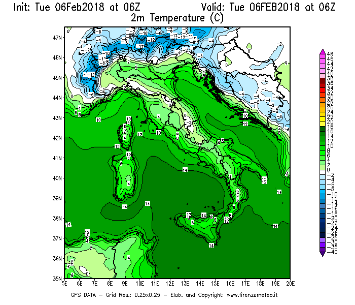 Mappa di analisi GFS - Temperatura a 2 metri dal suolo [°C] in Italia
							del 06/02/2018 06 <!--googleoff: index-->UTC<!--googleon: index-->