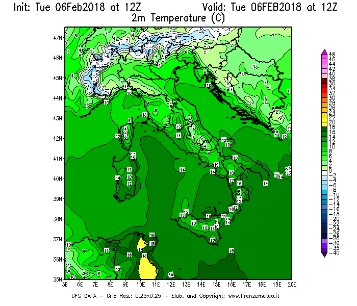 Mappa di analisi GFS - Temperatura a 2 metri dal suolo [°C] in Italia
							del 06/02/2018 12 <!--googleoff: index-->UTC<!--googleon: index-->