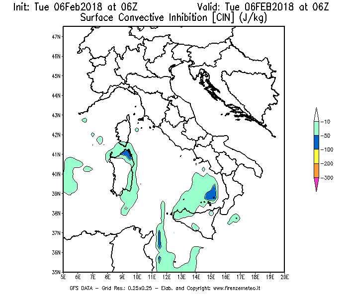 Mappa di analisi GFS - CIN [J/kg] in Italia
							del 06/02/2018 06 <!--googleoff: index-->UTC<!--googleon: index-->
