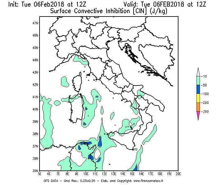 Mappa di analisi GFS - CIN [J/kg] in Italia
							del 06/02/2018 12 <!--googleoff: index-->UTC<!--googleon: index-->