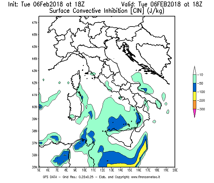 Mappa di analisi GFS - CIN [J/kg] in Italia
									del 06/02/2018 18 <!--googleoff: index-->UTC<!--googleon: index-->