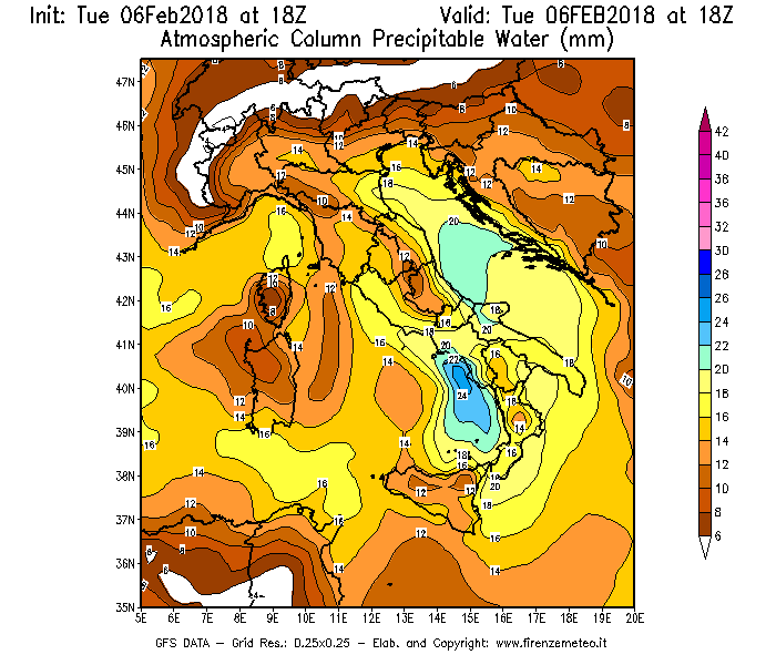 Mappa di analisi GFS - Precipitable Water [mm] in Italia
							del 06/02/2018 18 <!--googleoff: index-->UTC<!--googleon: index-->