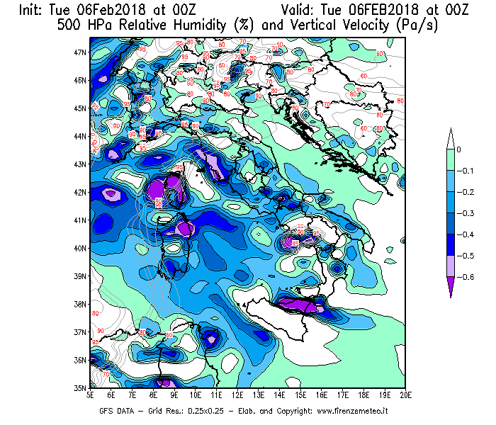 Mappa di analisi GFS - Umidità relativa [%] e Omega [Pa/s] a 500 hPa in Italia
									del 06/02/2018 00 <!--googleoff: index-->UTC<!--googleon: index-->