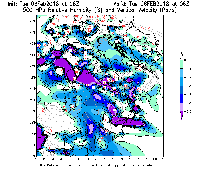 Mappa di analisi GFS - Umidità relativa [%] e Omega [Pa/s] a 500 hPa in Italia
									del 06/02/2018 06 <!--googleoff: index-->UTC<!--googleon: index-->