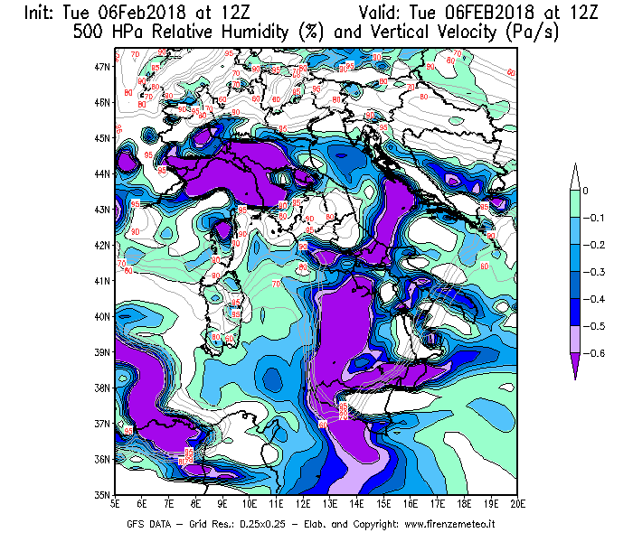 Mappa di analisi GFS - Umidità relativa [%] e Omega [Pa/s] a 500 hPa in Italia
									del 06/02/2018 12 <!--googleoff: index-->UTC<!--googleon: index-->