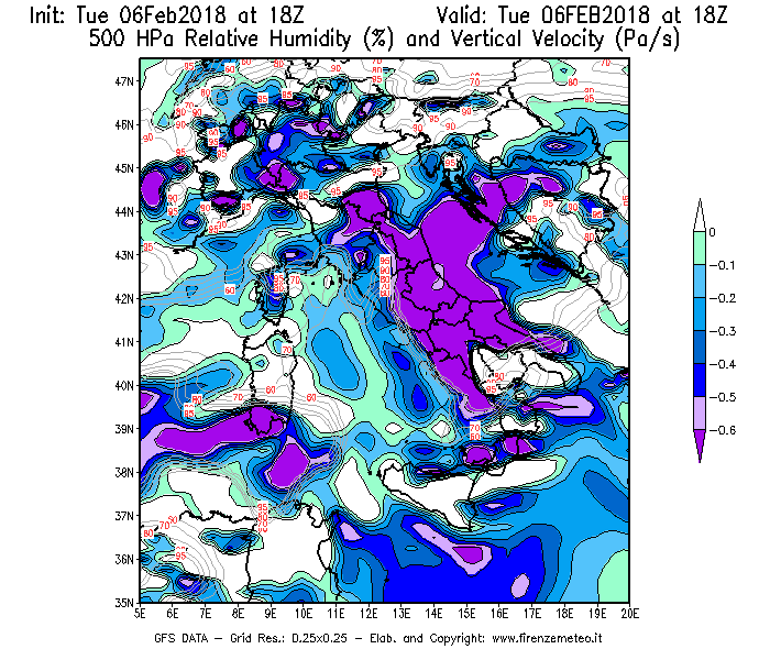 Mappa di analisi GFS - Umidità relativa [%] e Omega [Pa/s] a 500 hPa in Italia
									del 06/02/2018 18 <!--googleoff: index-->UTC<!--googleon: index-->