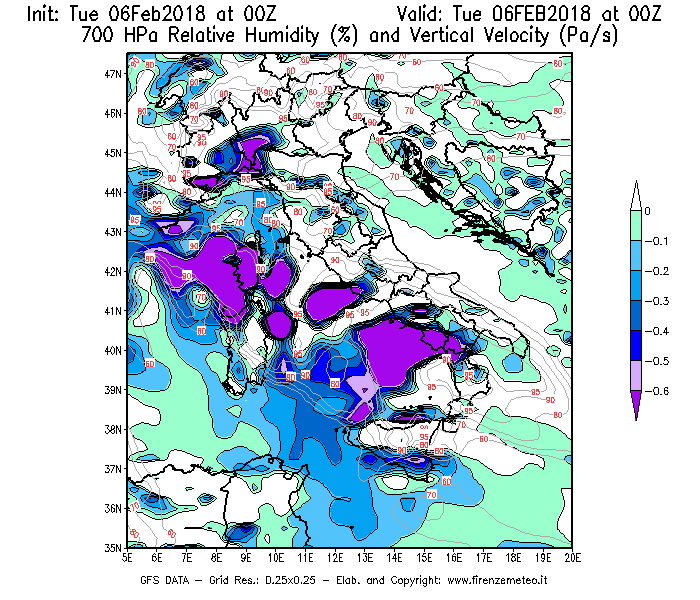 Mappa di analisi GFS - Umidità relativa [%] e Omega [Pa/s] a 700 hPa in Italia
							del 06/02/2018 00 <!--googleoff: index-->UTC<!--googleon: index-->