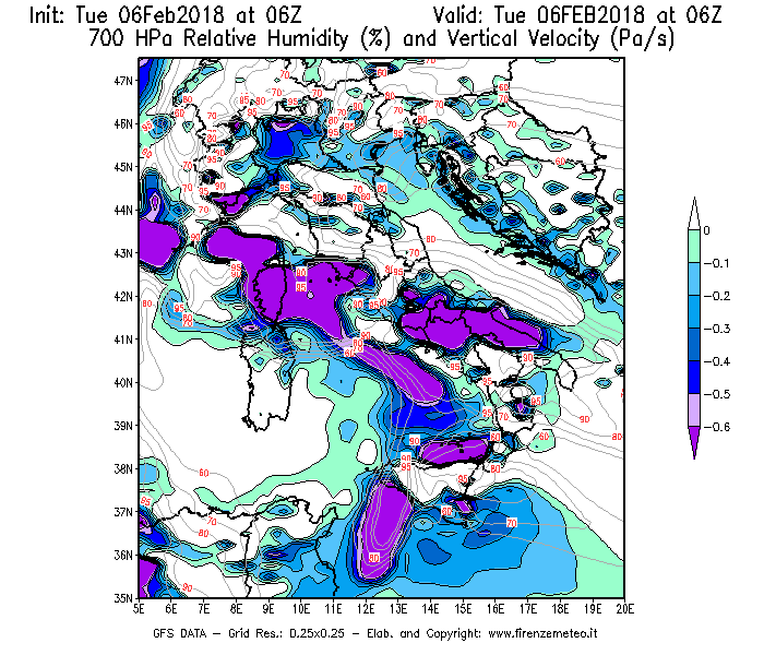 Mappa di analisi GFS - Umidità relativa [%] e Omega [Pa/s] a 700 hPa in Italia
							del 06/02/2018 06 <!--googleoff: index-->UTC<!--googleon: index-->