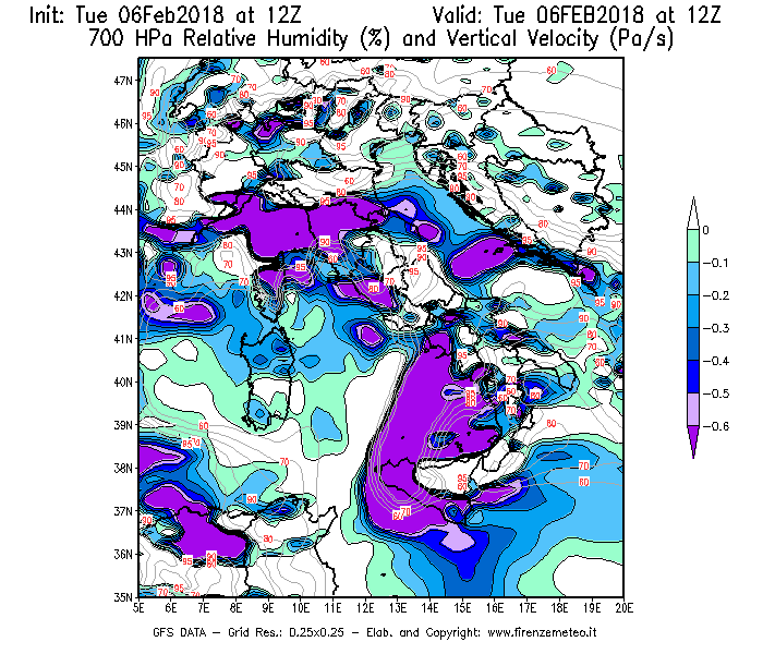Mappa di analisi GFS - Umidità relativa [%] e Omega [Pa/s] a 700 hPa in Italia
									del 06/02/2018 12 <!--googleoff: index-->UTC<!--googleon: index-->