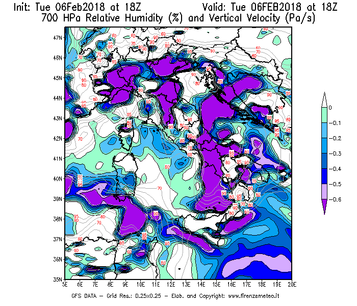 Mappa di analisi GFS - Umidità relativa [%] e Omega [Pa/s] a 700 hPa in Italia
									del 06/02/2018 18 <!--googleoff: index-->UTC<!--googleon: index-->