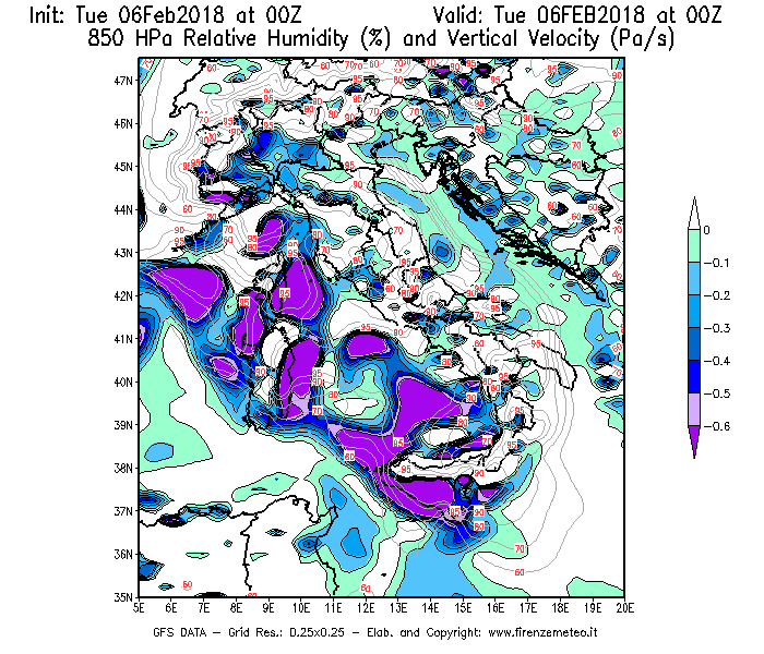 Mappa di analisi GFS - Umidità relativa [%] e Omega [Pa/s] a 850 hPa in Italia
							del 06/02/2018 00 <!--googleoff: index-->UTC<!--googleon: index-->