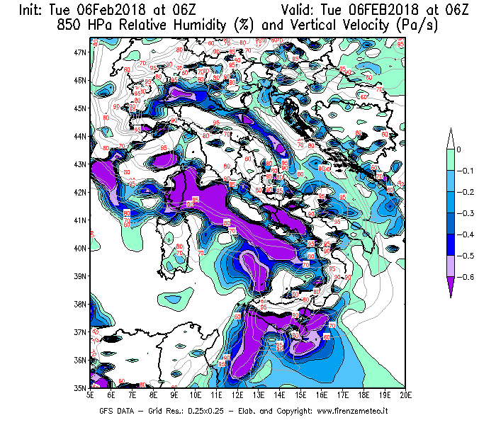 Mappa di analisi GFS - Umidità relativa [%] e Omega [Pa/s] a 850 hPa in Italia
							del 06/02/2018 06 <!--googleoff: index-->UTC<!--googleon: index-->