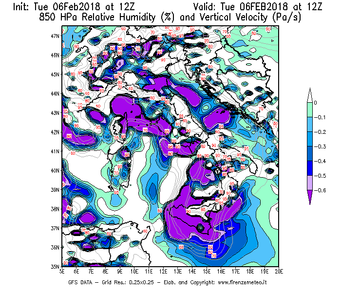 Mappa di analisi GFS - Umidità relativa [%] e Omega [Pa/s] a 850 hPa in Italia
							del 06/02/2018 12 <!--googleoff: index-->UTC<!--googleon: index-->