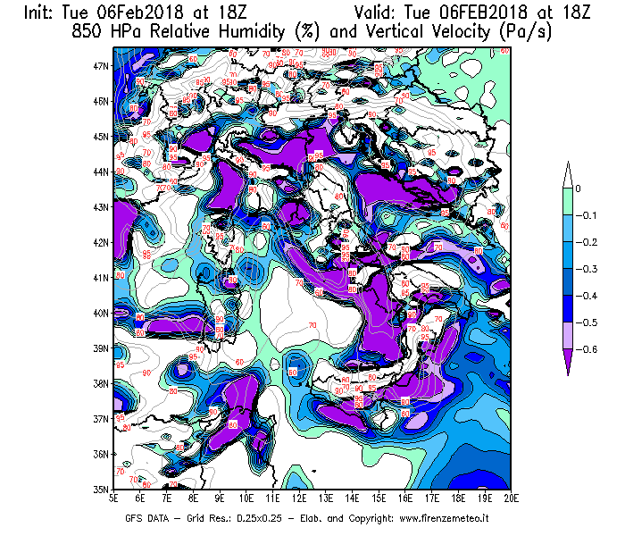 Mappa di analisi GFS - Umidità relativa [%] e Omega [Pa/s] a 850 hPa in Italia
									del 06/02/2018 18 <!--googleoff: index-->UTC<!--googleon: index-->