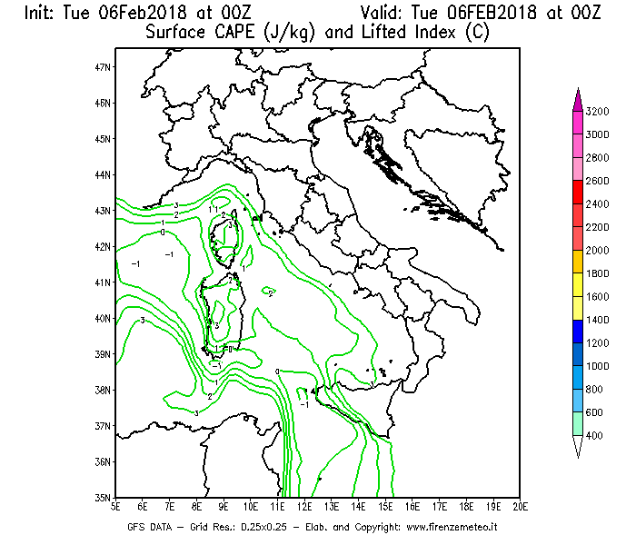 Mappa di analisi GFS - CAPE [J/kg] e Lifted Index [°C] in Italia
									del 06/02/2018 00 <!--googleoff: index-->UTC<!--googleon: index-->