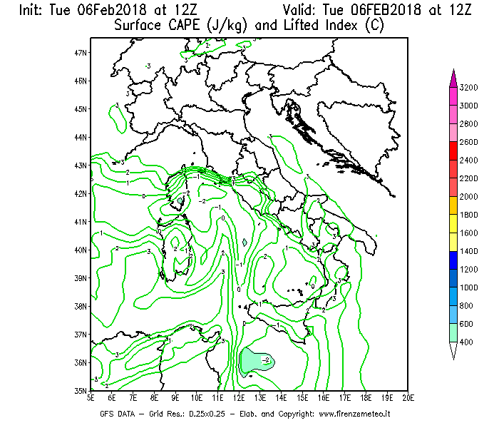 Mappa di analisi GFS - CAPE [J/kg] e Lifted Index [°C] in Italia
									del 06/02/2018 12 <!--googleoff: index-->UTC<!--googleon: index-->