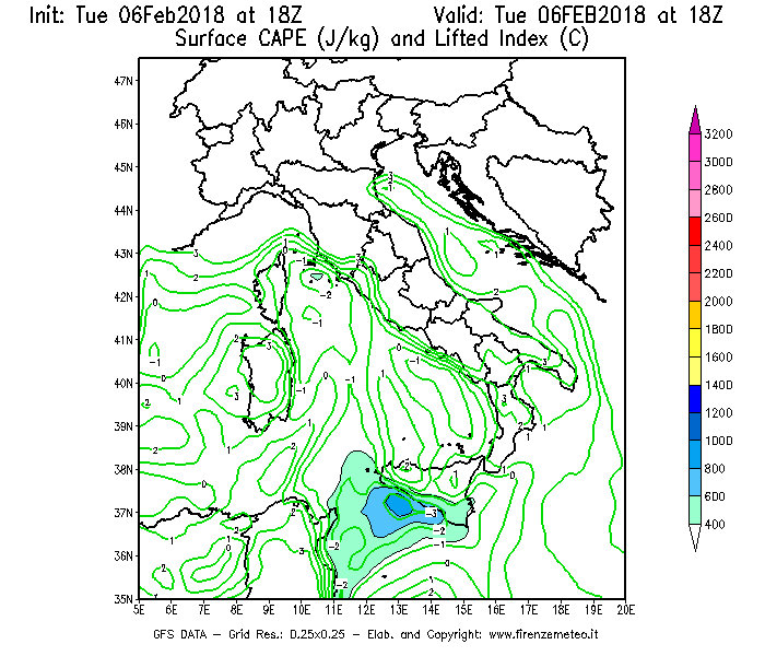 Mappa di analisi GFS - CAPE [J/kg] e Lifted Index [°C] in Italia
							del 06/02/2018 18 <!--googleoff: index-->UTC<!--googleon: index-->