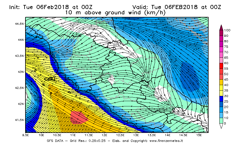 Mappa di analisi GFS - Velocità del vento a 10 metri dal suolo [km/h] in Centro-Italia
							del 06/02/2018 00 <!--googleoff: index-->UTC<!--googleon: index-->