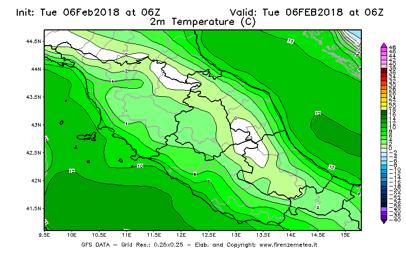 Mappa di analisi GFS - Temperatura a 2 metri dal suolo [°C] in Centro-Italia
							del 06/02/2018 06 <!--googleoff: index-->UTC<!--googleon: index-->