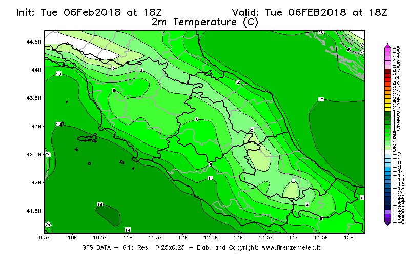 Mappa di analisi GFS - Temperatura a 2 metri dal suolo [°C] in Centro-Italia
									del 06/02/2018 18 <!--googleoff: index-->UTC<!--googleon: index-->