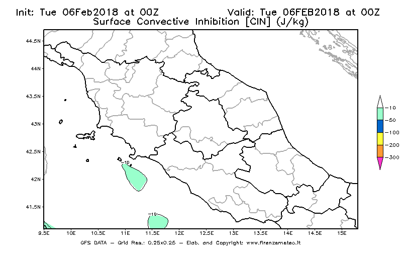 Mappa di analisi GFS - CIN [J/kg] in Centro-Italia
							del 06/02/2018 00 <!--googleoff: index-->UTC<!--googleon: index-->