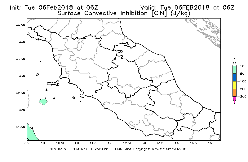 Mappa di analisi GFS - CIN [J/kg] in Centro-Italia
									del 06/02/2018 06 <!--googleoff: index-->UTC<!--googleon: index-->