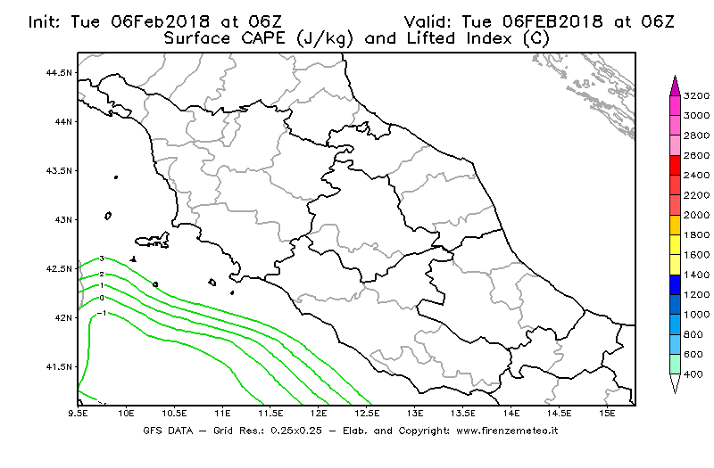 Mappa di analisi GFS - CAPE [J/kg] e Lifted Index [°C] in Centro-Italia
							del 06/02/2018 06 <!--googleoff: index-->UTC<!--googleon: index-->