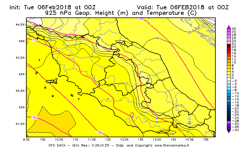 Mappa di analisi GFS - Geopotenziale [m] e Temperatura [°C] a 925 hPa in Centro-Italia
									del 06/02/2018 00 <!--googleoff: index-->UTC<!--googleon: index-->