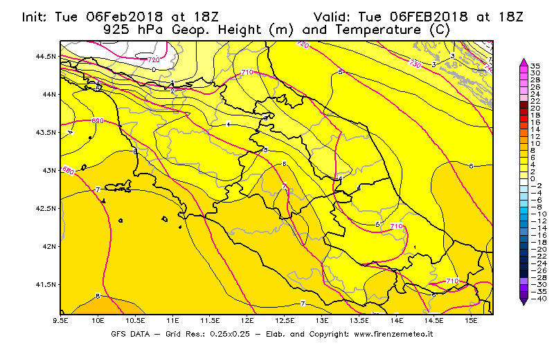 Mappa di analisi GFS - Geopotenziale [m] e Temperatura [°C] a 925 hPa in Centro-Italia
							del 06/02/2018 18 <!--googleoff: index-->UTC<!--googleon: index-->