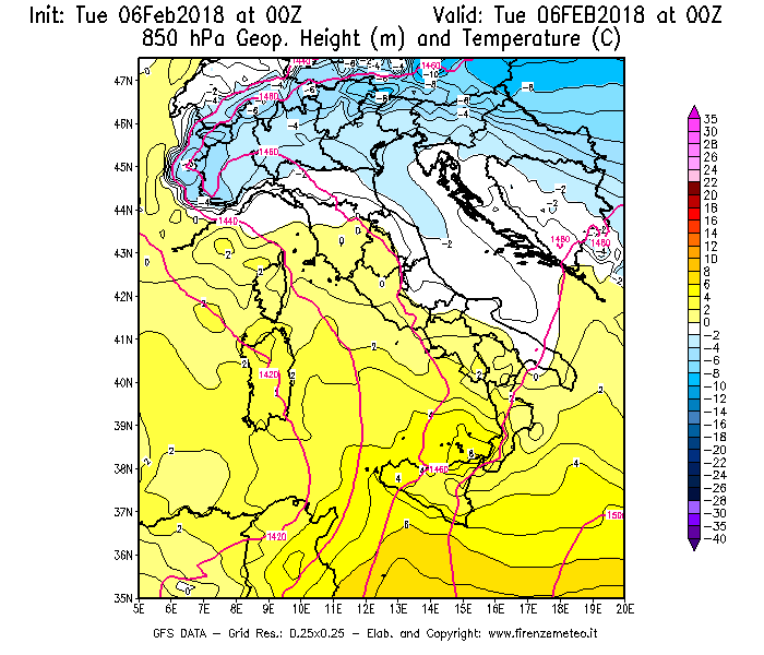 Mappa di analisi GFS - Geopotenziale [m] e Temperatura [°C] a 850 hPa in Italia
									del 06/02/2018 00 <!--googleoff: index-->UTC<!--googleon: index-->