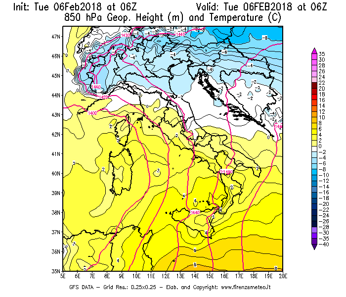 Mappa di analisi GFS - Geopotenziale [m] e Temperatura [°C] a 850 hPa in Italia
									del 06/02/2018 06 <!--googleoff: index-->UTC<!--googleon: index-->