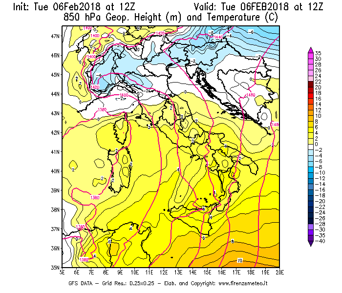 Mappa di analisi GFS - Geopotenziale [m] e Temperatura [°C] a 850 hPa in Italia
							del 06/02/2018 12 <!--googleoff: index-->UTC<!--googleon: index-->