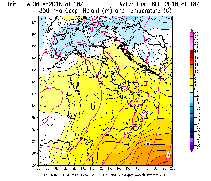 Mappa di analisi GFS - Geopotenziale [m] e Temperatura [°C] a 850 hPa in Italia
							del 06/02/2018 18 <!--googleoff: index-->UTC<!--googleon: index-->