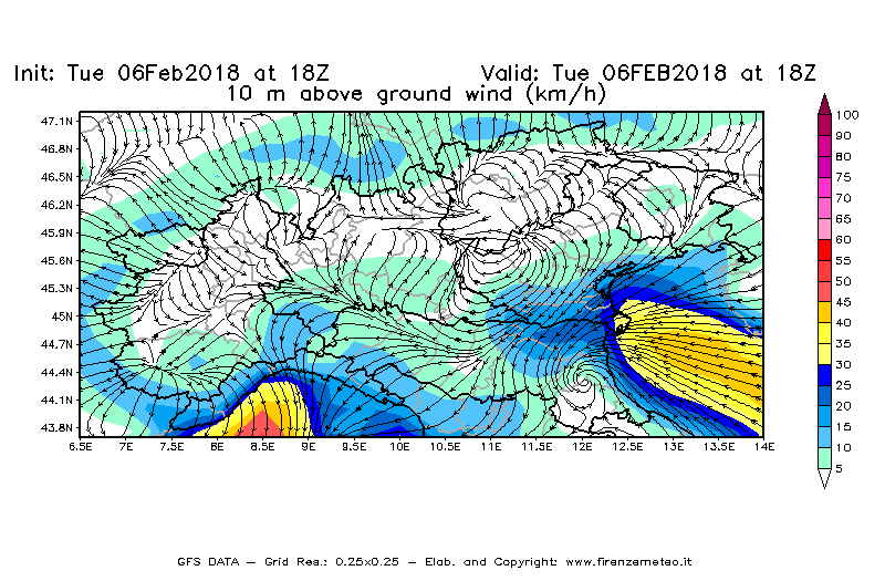 Mappa di analisi GFS - Velocità del vento a 10 metri dal suolo [km/h] in Nord-Italia
							del 06/02/2018 18 <!--googleoff: index-->UTC<!--googleon: index-->