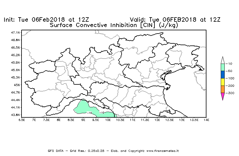 Mappa di analisi GFS - CIN [J/kg] in Nord-Italia
							del 06/02/2018 12 <!--googleoff: index-->UTC<!--googleon: index-->