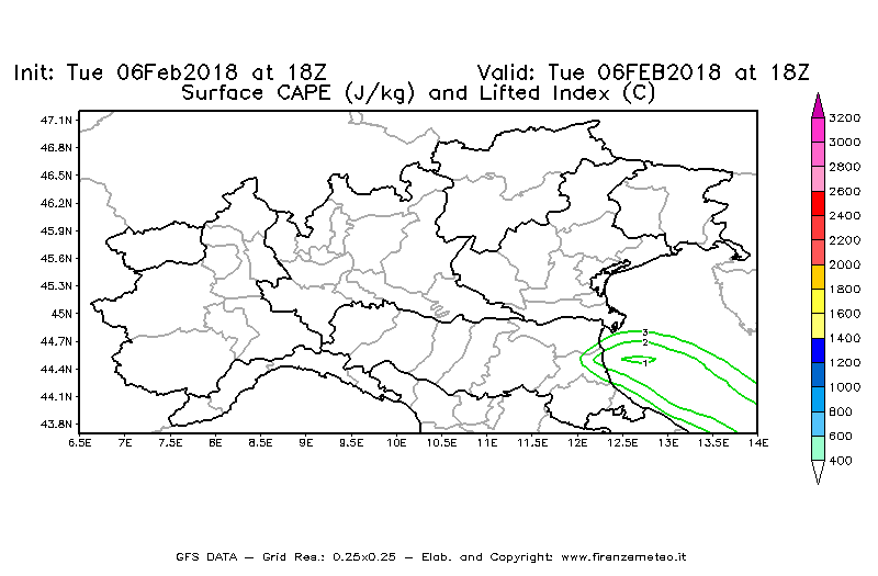 Mappa di analisi GFS - CAPE [J/kg] e Lifted Index [°C] in Nord-Italia
							del 06/02/2018 18 <!--googleoff: index-->UTC<!--googleon: index-->