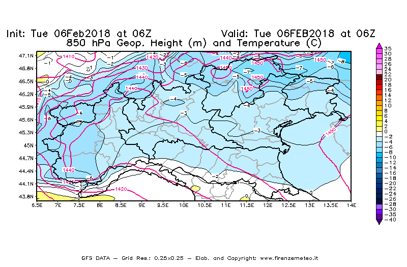 Mappa di analisi GFS - Geopotenziale [m] e Temperatura [°C] a 850 hPa in Nord-Italia
									del 06/02/2018 06 <!--googleoff: index-->UTC<!--googleon: index-->