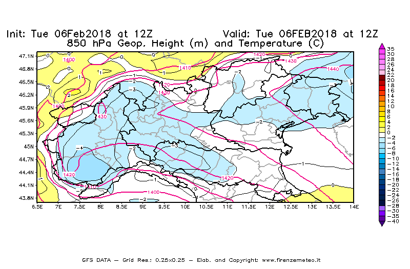 Mappa di analisi GFS - Geopotenziale [m] e Temperatura [°C] a 850 hPa in Nord-Italia
							del 06/02/2018 12 <!--googleoff: index-->UTC<!--googleon: index-->