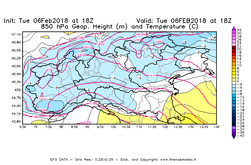Mappa di analisi GFS - Geopotenziale [m] e Temperatura [°C] a 850 hPa in Nord-Italia
									del 06/02/2018 18 <!--googleoff: index-->UTC<!--googleon: index-->