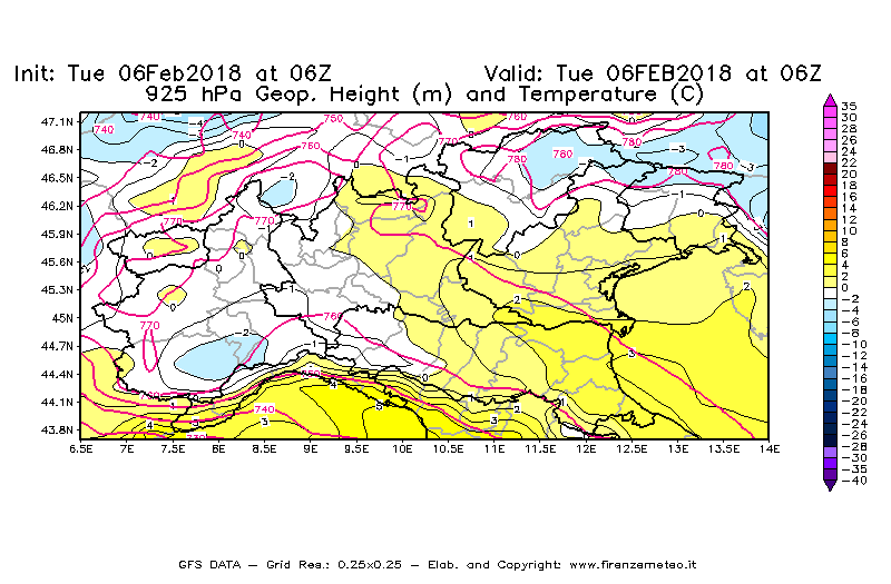 Mappa di analisi GFS - Geopotenziale [m] e Temperatura [°C] a 925 hPa in Nord-Italia
									del 06/02/2018 06 <!--googleoff: index-->UTC<!--googleon: index-->